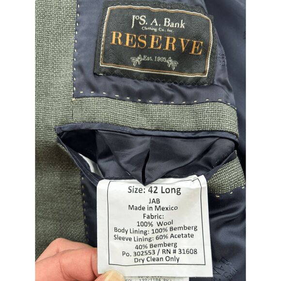 Jos A. Bank Reserve Olive Green 100% Wool Sport Coat/Blazer Size 42L - Picture 2 of 11